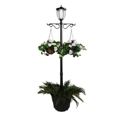 Solar Powered Outdoor LED Black Lamp Post with 18.5in Planter and Plant Hanging Arms - Ecowareness