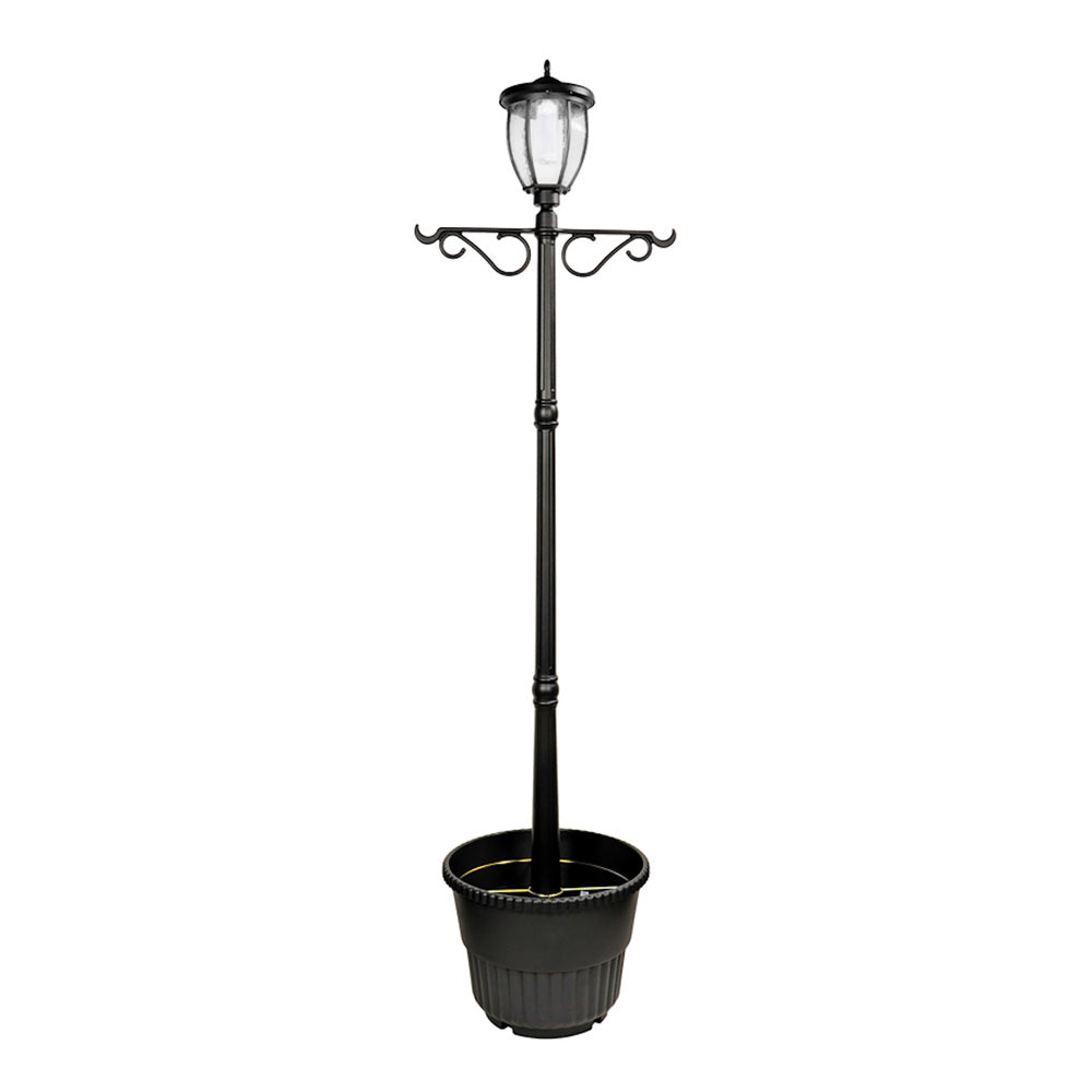 Solar Powered Outdoor LED Black Lamp Post with 18.5in Planter and Plant Hanging Arms - Ecowareness