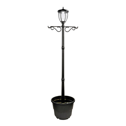 Solar Powered Outdoor LED Black Lamp Post with 18.5in Planter and Plant Hanging Arms - Ecowareness